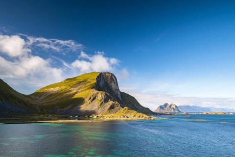 Mountains and coast of the island of Værøy, Vaeroy, Lofoten, Norway