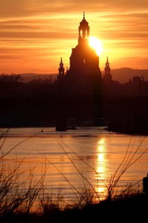 View of Church of Our Lady Dresden across the Elbe, sunset, winter, Saxony, Germany