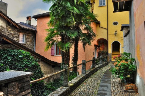 Patio with Walkway and Old Rustic Houses in City of Ronco sopra Ascona Ticino, Switzerland