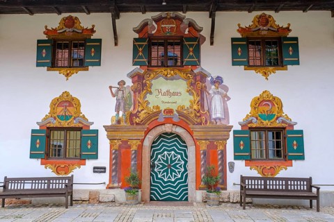 Lüftlmalerei, mock architecture, frescoed town hall, Ruhpolding, Chiemgau, Upper Bavaria, Bavaria,