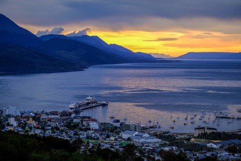 Ushuaia, Tierra del Fuego, Argentina, sunrise over the Beagle Channel, the Beagle Channel is a