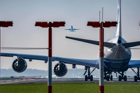 Amsterdam Schiphol Airport, Aalsmeerbaan runway, 18L-36R, aviator on runway, waiting for takeoff,