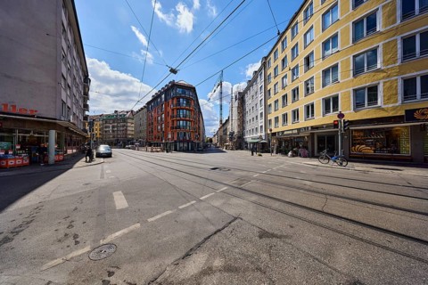 Residential and commercial buildings, general architecture, corner buildings, roads, parking strips