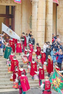 Participants wearing historical costumes entering city hall, Noto, Noto Valley, Sicily, Italy