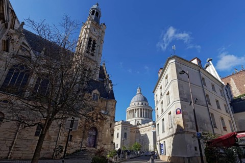 Panthéon, National Hall of Fame, Saint-Etienne du Mont church view from Rue de la Montagne