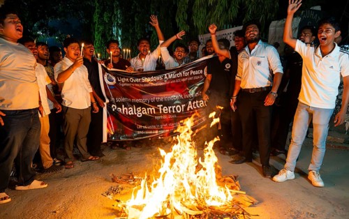 Students shout slogan and burn an effigy to protest over Pahalgam terror attack on in Guwahati,