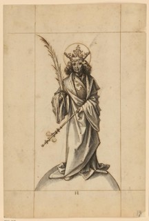 Historical drawing of St Christopher, a work from around 1500 depicting the saint standing on the