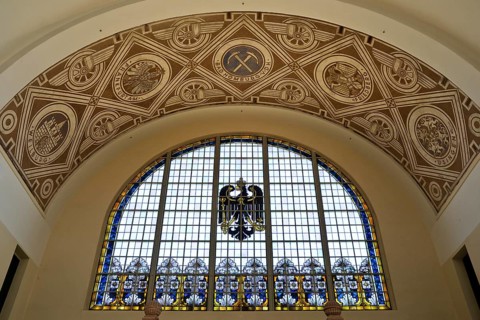 A stained glass window in the railway station with an imperial eagle is a reminder of the imperial