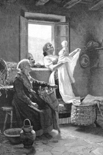 The first-born, mother proudly holding up the baby, the grandmother observing the scene, Historic,