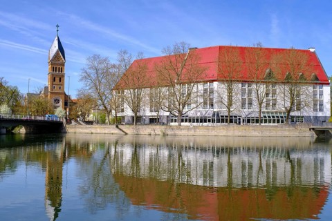 Christuskirche and Achathotel an der Isar, Landshut, Lower Bavaria, Bavaria, Germany
