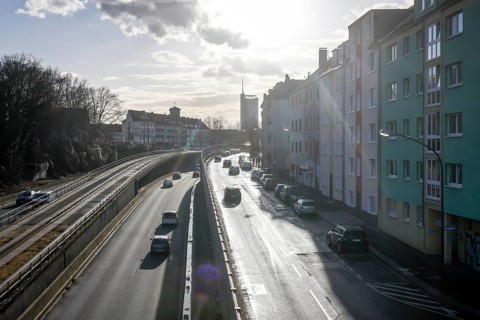 Essen, North Rhine-Westphalia, Germany - Cars driving on the A40 motorway through Essen city