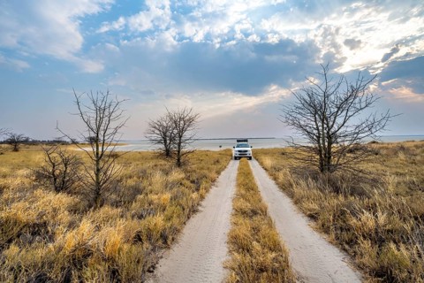 Off-road vehicle on a road, track between yellow dry grass at a salt pan, Nxai Pan National Park,
