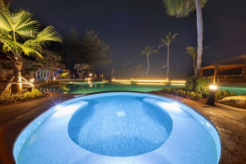 Illuminated swimming pool on Koh Chang Island, Andaman Sea, Southern Thailand, Thailand