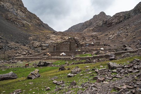 Shelters on the trail to the peak Toubkal, the highest mountain in North Africa