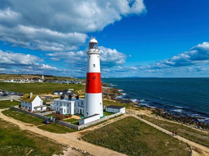 Portland Bill Lighthouse from a drone, Portland Bill, Isle of Portland, Dorset, England, United