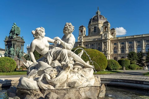Fountain on Maria-Theresien-Platz and the Natural History Museum in ViennaAustria