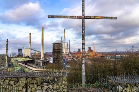 The Thyssenkrupp Steel steelworks in Duisburg-Marxloh, on the Rhine, coking plant unloading tower,