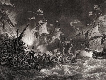Sir Francis Drake attacking the Spanish Armada, 1588