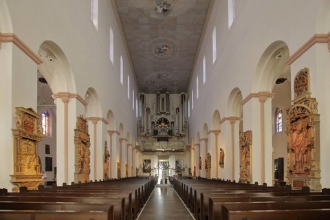 Interior view with figures from the Romanesque UNESCO Kiliansdom, St. Kilian, Cathedral, Würzburg,