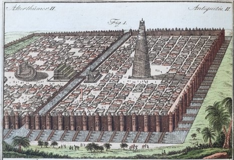 The city walls of Babylon, the seven wonders of the world, hand-coloured copperplate engraving from
