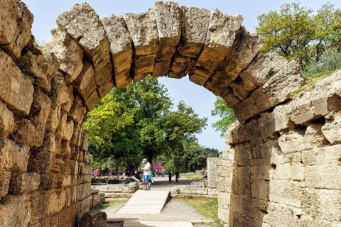 Monumental entrance to the stadium, crypt, arched walkway, birthplace of the Olympic Games, Olympic