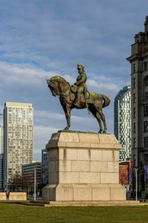 Equestrian statue of King Edward VII Seventh at Pier Head on city waterfront, Liverpool,