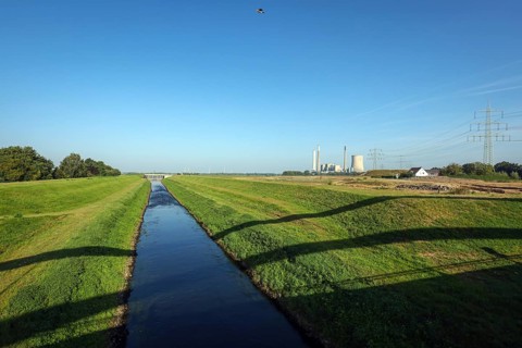 Dinslaken, North Rhine-Westphalia, Germany - Emscher estuary into the Rhine. On the right, the