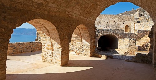 Byzantine castle town of Monemvasia, Monemvassia, Monemwassia, Monembasia, in the Myrtoan Sea,