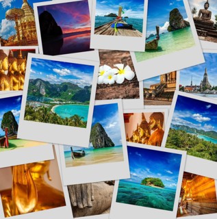 Thai travel tourism concept design, collage of Thailand images