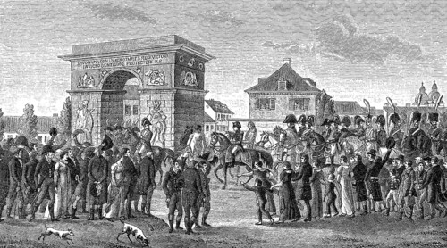 Napoleon invading with his troops in Dusseldorf, Germany, 1811