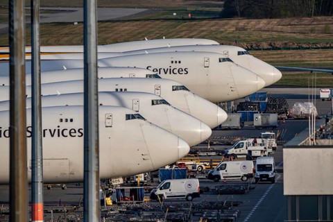 Cologne-Bonn airport, CGN, air freight center, UPS Logisic Hub, UPS cargo aircraft on the apron, at