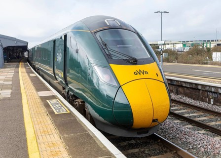 GWR British Rail Class 800 Inter City Express train arriving platform, Westbury railway station,