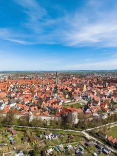 Aerial view, panorama of the historic old town of Nördlingen, with the completely comprehensive and