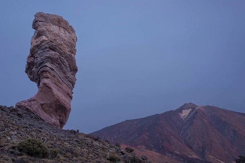 Panorama in front of sunrise of the Roque Chinchado, also known as the Stone Tree or Finger of God,