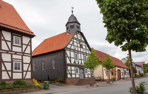 Huguenot church building, Schöneberg, Hofgeismar, Weserbergland, Hesse, Germany