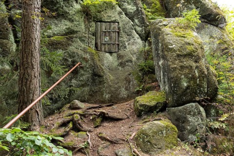 At the historic Weißer Felsen quarry, nature trail through the millstone quarries near Jonsdorf,