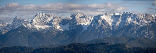 Mountain peak of the Karwendel mountains with snow in autumn, mountain panorama, view from