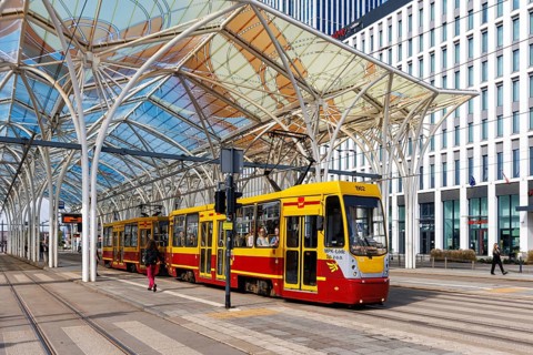 Konstal 805Na tram at the Piotrkowska Centrum stop in Lodz, Poland