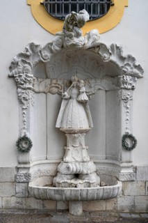 Fountain with the sculpture of the Virgin Mary at the pilgrimage basilica Maria Brünnlein, Wemding,
