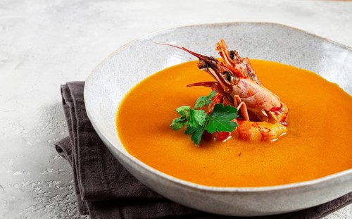 Shrimp cream soup, bisque soup, French cuisine, homemade, no people