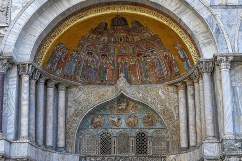 Artistic mosaic over portal of St. Mark's Cathedral, St. Mark's Square, Venice, Veneto Region,
