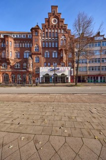 CineStar Lübeck Stadthalle cinema, historic brick building with gable, Mühlenstraße, Hanseatic city
