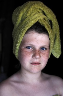 Girl with freckles, 10 years old, with towel turban on her head after washing hair, Illhaeusern,