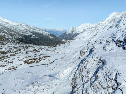 Zufallhütte in Val Martello, Alpine panorama, Aerial view, Snow-covered mountain landscape, Ortler