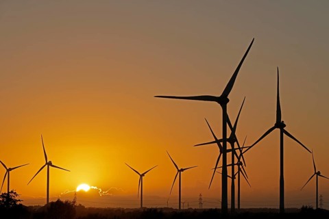 Sunset, wind turbines, Leck, North Frisia, Schleswig-Holstein, Germany