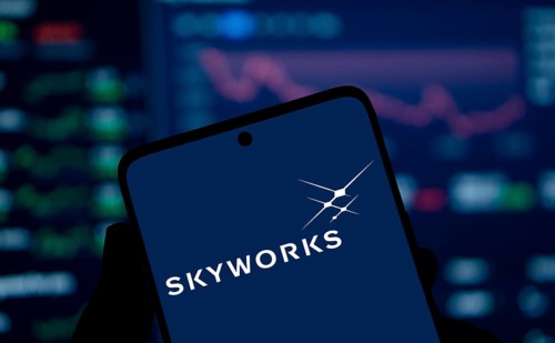 skyworks logo is displayed on smartphone. Skyworks Solutions Inc is an American semiconductor