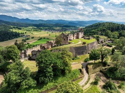 Aerial view of the ruins of Hochburg Castle, also known as Hachberg, 11th century, between