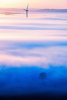 Scenic view at a wind turbine rising out of the morning fog in a rural landscape in autumn