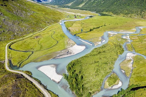 Aerial view of the road from Hafslo to valley Langedalen at glacier Jostedalsbreen, Sognefjord