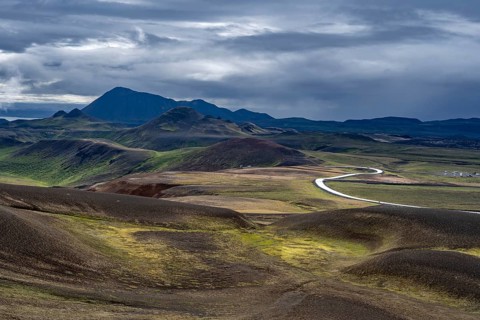 Volcanic landscape with colourful hills, Krafla geothermal area, Northern Iceland, Iceland